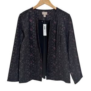 Chico's Floral Open Front Blazer Jacket Women 2 L Black Officecore Career NWT